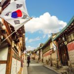 Flags line a lane in Seoul, South Korea