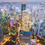 A night-time scene of offices in Singapore