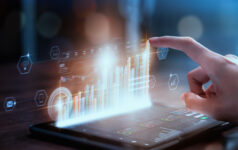 Stock exchange market concept, businesswoman hand trader press digital tablet with graphs analysis candle line on table in office, diagrams on screen.