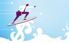 A businessman holding a briefcase surfing a dollar sign