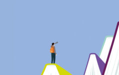 PEI-colored mountains with a man holding up a telescope to his eye