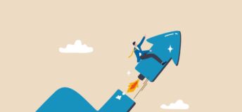 Photo illustrating businessperson riding a rocket.