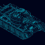 Wireframe of a polygonal combat tank of blue lines with luminous lights on a dark background. View isometric. 3D. Vector illustration.