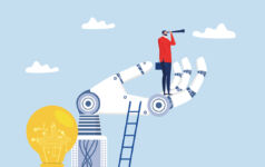 An illustrated robot hand holds aloft a man in a red sweater looking through a telescope amid a blue sky