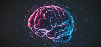 A neon picture of a brain in vibrant pink and cyan