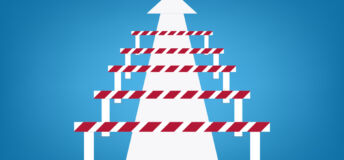 A white arrow leads upwards, obscured by hurdles cradled over it