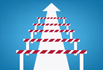 A white arrow leads upwards, obscured by hurdles cradled over it