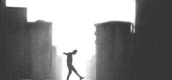 illustration of man walking along ledges