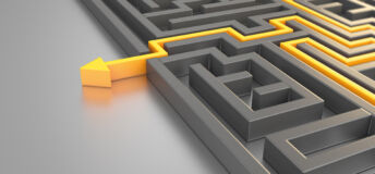 Orange colored path across a maze. ( 3d render )