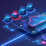 Data center isometric concept. Server room with hardware racks or web hosting infrastructure.