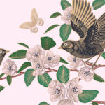 Impact investing blossoms in Japan Cute birds on the branches, butterflies, dragonfly. Flowers and leaves of Blossoming tree on red background. Floral seamless pattern. Spring Vector illustration. Vintage. Template for wallpaper, paper.