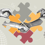 Concept of partnership, sponsorship, agreement, contract conclusion using puzzle pieces.