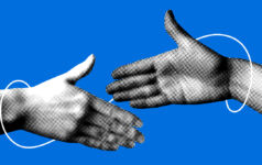 Hands in pointalist comic style, about to shake, on a blue background