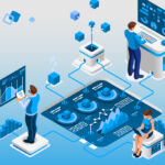 Three people operate computer terminals in an isometric drawing representing the collaborative use of data