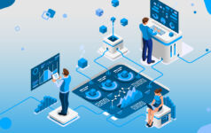 Three people operate computer terminals in an isometric drawing representing the collaborative use of data