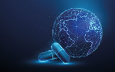 Medical pills and planet Earth. Healthcare and medical treatment concept. Low poly style. Abstract geometric background. Wireframe light connection structure. Modern blue 3d graphic. Vector