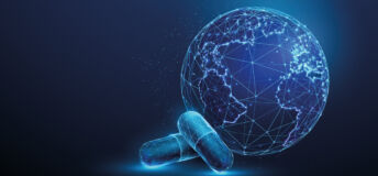 Medical pills and planet Earth. Healthcare and medical treatment concept. Low poly style. Abstract geometric background. Wireframe light connection structure. Modern blue 3d graphic. Vector