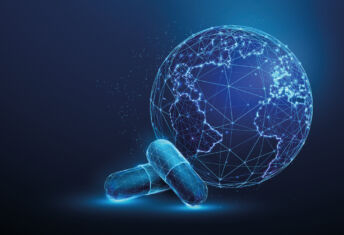 Medical pills and planet Earth. Healthcare and medical treatment concept. Low poly style. Abstract geometric background. Wireframe light connection structure. Modern blue 3d graphic. Vector