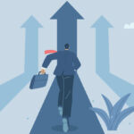 A man in a suit with a briefcase runs after an arrow that stretches to the horizon and then abruptly raises to the sky