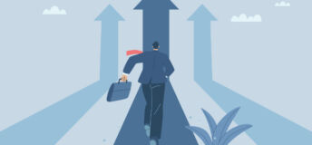 A man in a suit with a briefcase runs after an arrow that stretches to the horizon and then abruptly raises to the sky