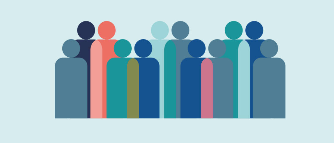 Simplified geometric illustration depicting many people stood beside each other