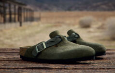 Birkenstock shoes on a wooden deck
