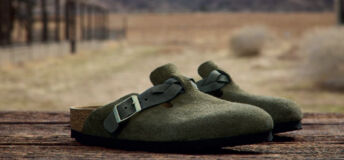 Birkenstock shoes on a wooden deck