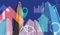 Tall skyscrapers in duotone shades overlaid with arrows pointing up and charts displaying growth
