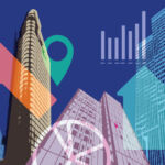 Tall skyscrapers in duotone shades overlaid with arrows pointing up and charts displaying growth