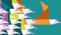 Illustration of a flock of birds, with one flying out in front of the rest