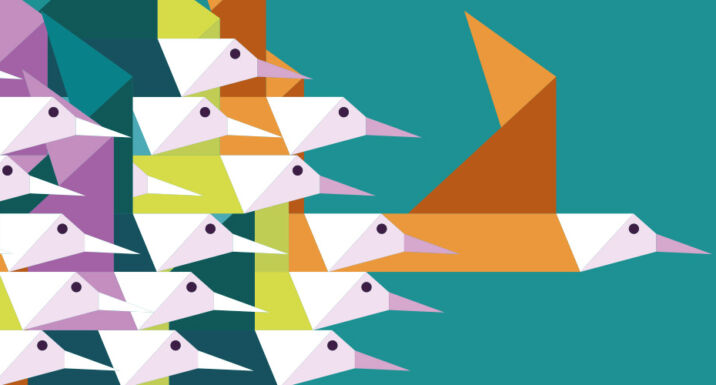 Illustration of a flock of birds, with one flying out in front of the rest