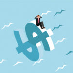 Portco CFOs disappoint GPs on value creation, finance stewardship Dollar life raft with a businessman sitting on top of it clutching his head in despair