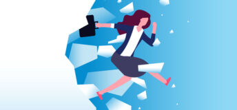 woman breaking through glass in business suit