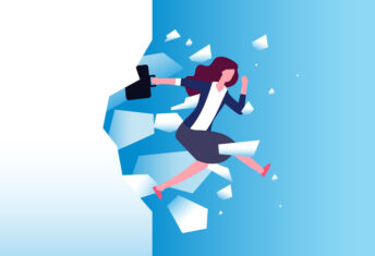 woman breaking through glass in business suit