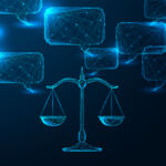 Scales made of digital code represent legal technology