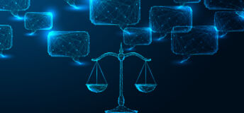 Scales made of digital code represent legal technology