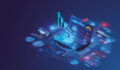 Isometric illustration of a laptop against a blue background surrounded by holographic charts, visualisations and infographics