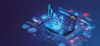 Isometric illustration of a laptop against a blue background surrounded by holographic charts, visualisations and infographics