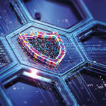 A digital shield on a hexagon, representing cybersecurity