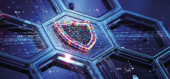 A digital shield on a hexagon, representing cybersecurity