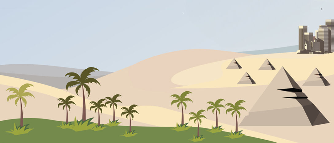Illustration of desert and pyramids with a palm tree oasis in the foreground and a city in the background