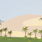 Number Crunch: MENA is an oasis in a fundraising desert Illustration of desert and pyramids with a palm tree oasis in the foreground and a city in the background