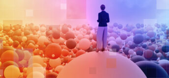 Woman standing on a sphere amid a multitude of other spheres, for the Private MArkets 2030 Industry Consolidation theme