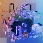 Rising stars on the future of sustainability in private markets Floating translucent boxes isometrically arranged around a cube of grass, for the Private Markets 2030 Sustainability theme