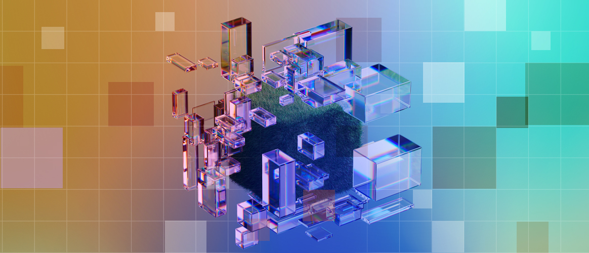 Floating translucent boxes isometrically arranged around a cube of grass, for the Private Markets 2030 Sustainability theme