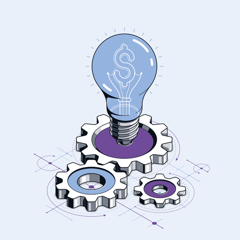 Theme image for PEI Private Wealth 2025, with a lightbulb hovering over some interlocking cogs