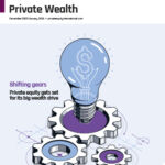 Cover of Private Equity International's Private wealth 2025 report featuring isometric illustrations of cogs and a light bulb