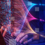 Streams of data converge for someone tapping on a laptop keyboard, for the Private Markets 2030 Artificial Intelligence theme