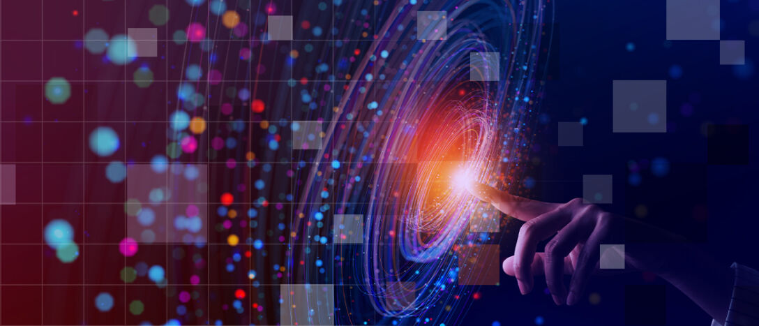 Finger points and interacts with a spiral of electronic data, for the Private Markets 2030 Artificial Intelligence theme