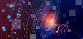 Finger points and interacts with a spiral of electronic data, for the Private Markets 2030 Artificial Intelligence theme